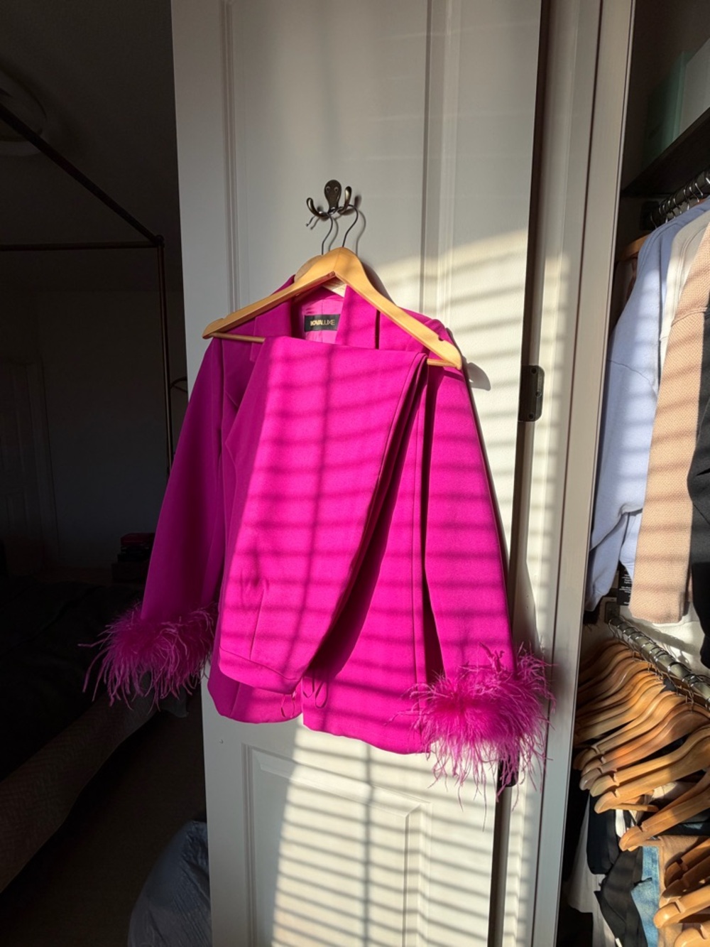 Fashion Nova Hot Pink Feather-Cuff Suit Jacket & Trousers - Picture 4 of 4